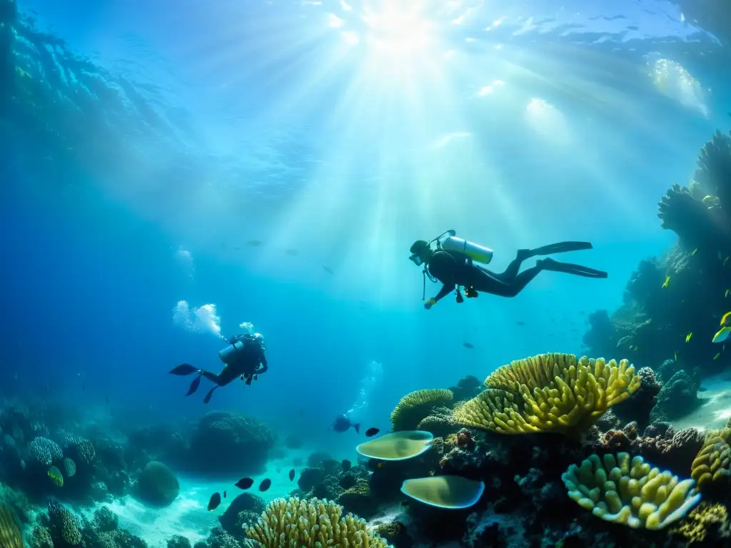 Grupo de buceadores explorando un vibrante arrecife de coral con peces coloridos