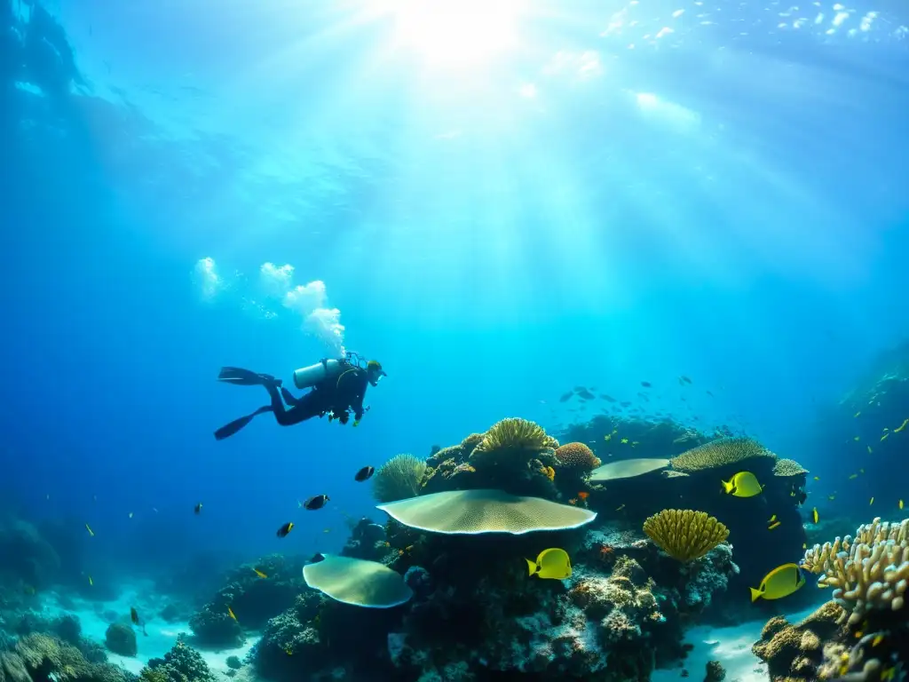 Un grupo de buceadores explora un vibrante arrecife de coral, rodeado de vida marina y la luz del sol