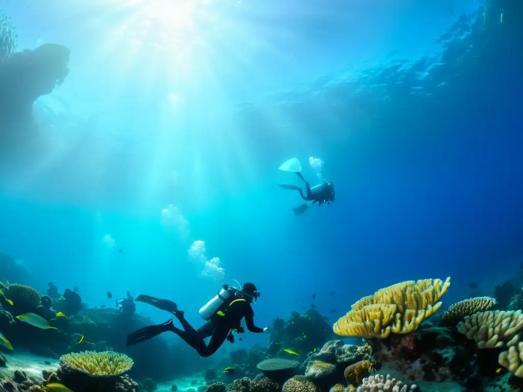 Un grupo de buceadores explora un vibrante arrecife de coral, iluminado por la luz solar en el océano