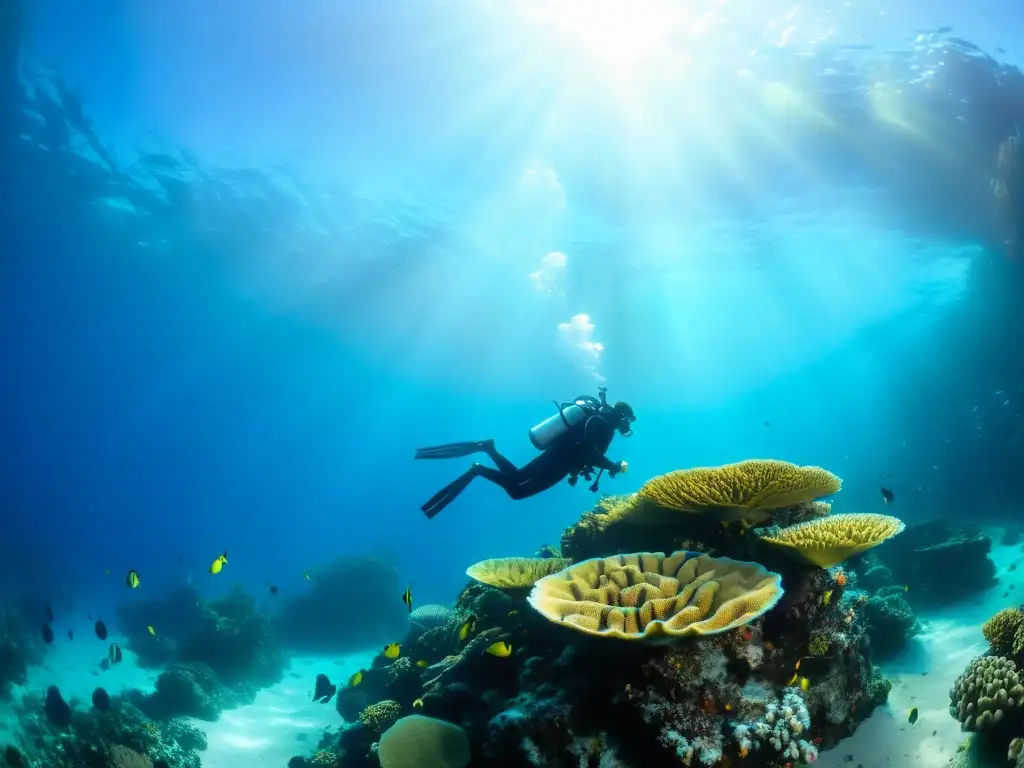 Grupo de buceadores explorando un vibrante arrecife de coral, con vida marina colorida