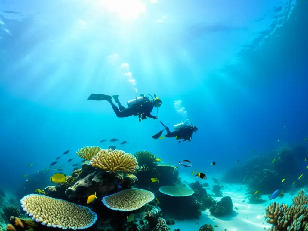 Un grupo de buceadores explora un vibrante arrecife de coral bajo el agua, en un retiro de buceo ecológico en conservación marina