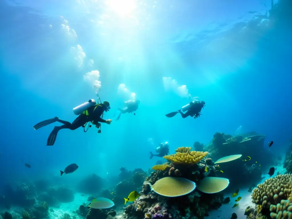 Un grupo de buceadores explora un vibrante arrecife de coral, rodeado de peces coloridos y vida marina