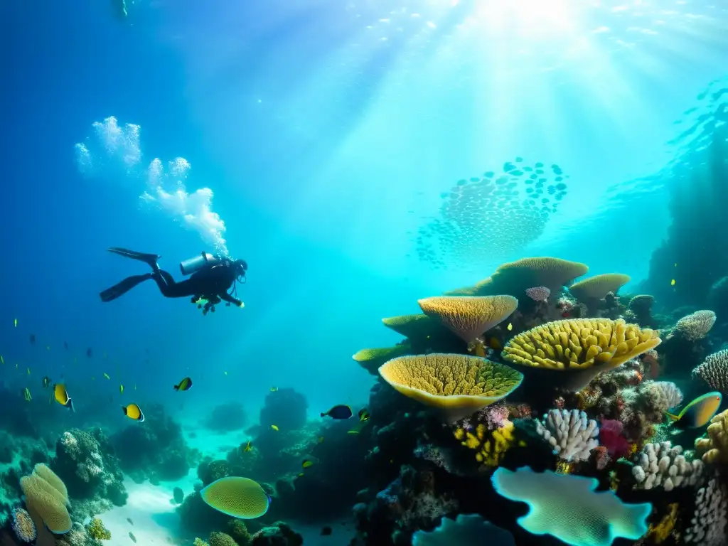 Grupo de buceadores admira el vibrante arrecife de coral, creando una atmósfera de aventura y exploración en experiencias gastronomía buceo marino