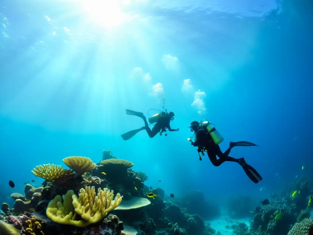 Grupo de buceadores explorando un vibrante arrecife de coral, equipados con equipos esenciales de aventura submarina