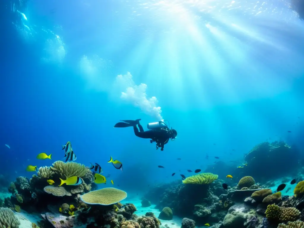 Un grupo de buceadores explora un vibrante arrecife de coral, rodeados de vida marina