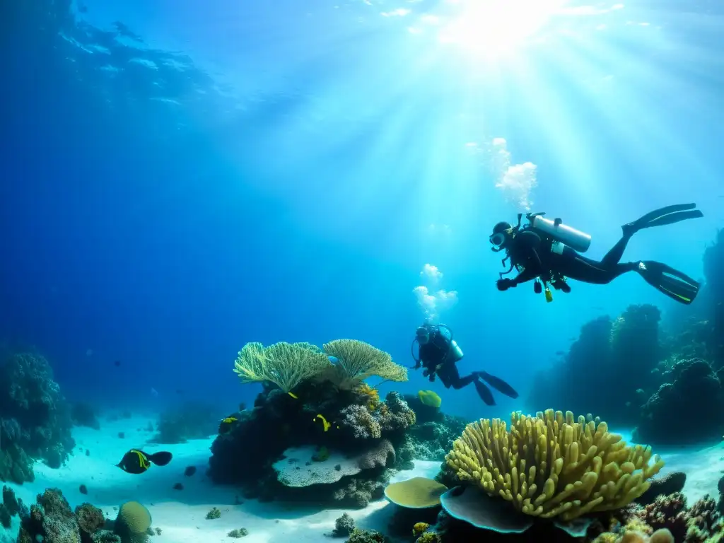 Un grupo de buceadores explora un vibrante arrecife de coral, con luz solar filtrándose a través del agua azul, iluminando la vida marina