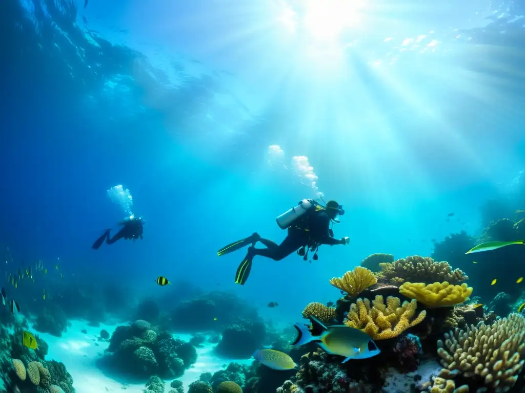 Un grupo de buceadores explora un vibrante arrecife de coral, rodeados de peces y vida marina