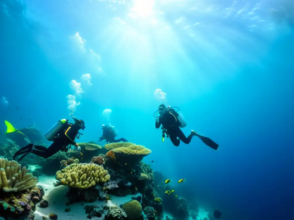 Un grupo de buceadores desciende hacia el vibrante paisaje submarino rodeado de coral, creando una sensación de aventura y tranquilidad