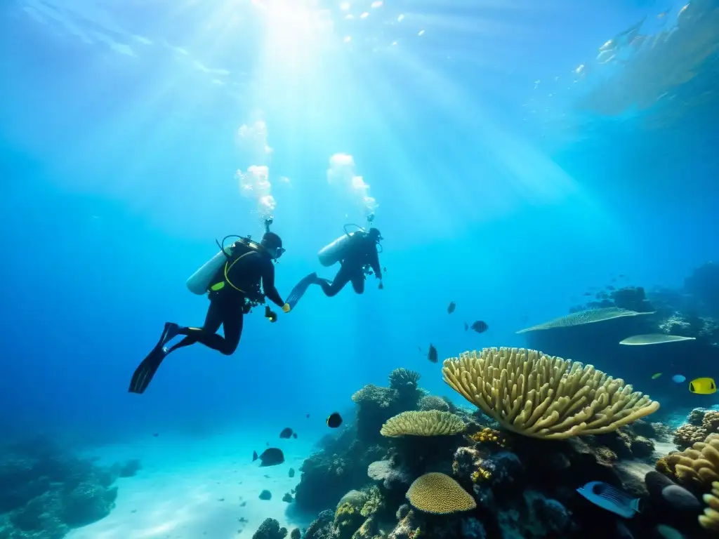 Un grupo de buzos explora aguas cristalinas, rodeados de vida marina y equipados con intercomunicadores de buceo avanzados