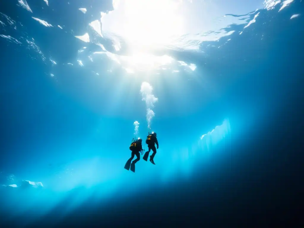 Grupo de buzos de aguas profundas, explorando paisaje helado en la Antártida