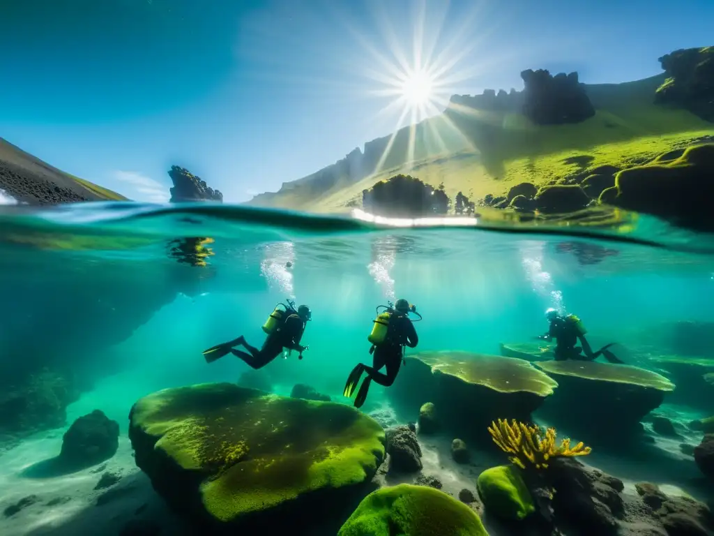 Grupo de buzos explora aguas termales Islandia, rodeados de formaciones rocosas y vida marina