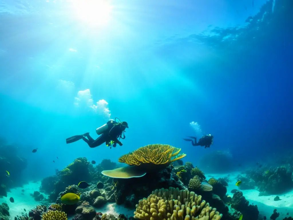 Un grupo de buzos explora un arrecife de coral colorido bajo el agua, con una atmósfera de aventura y serenidad