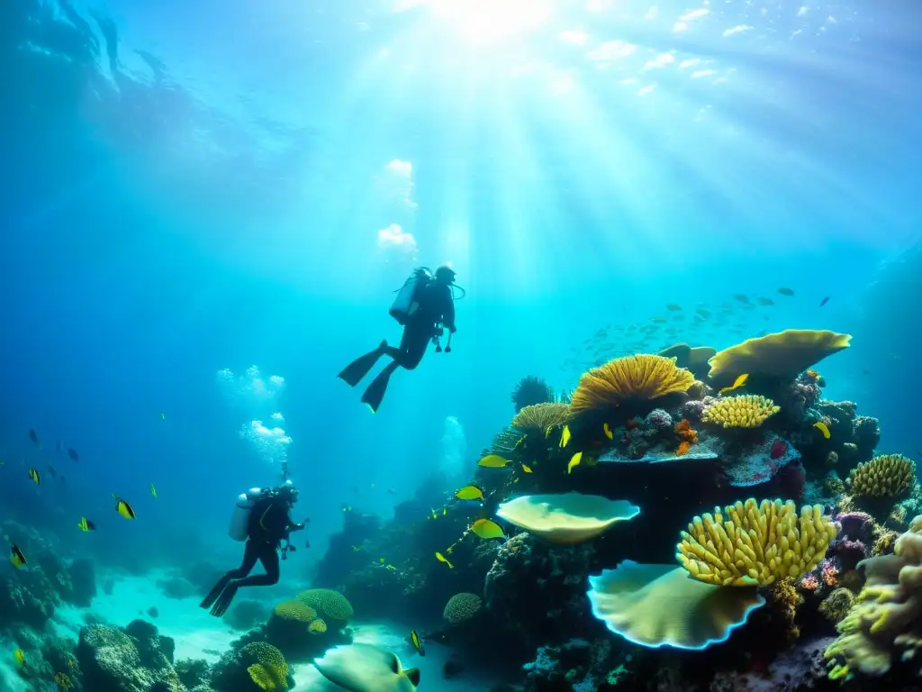 Grupo de buzos explorando un arrecife de coral colorido bajo el agua, rodeados de vida marina