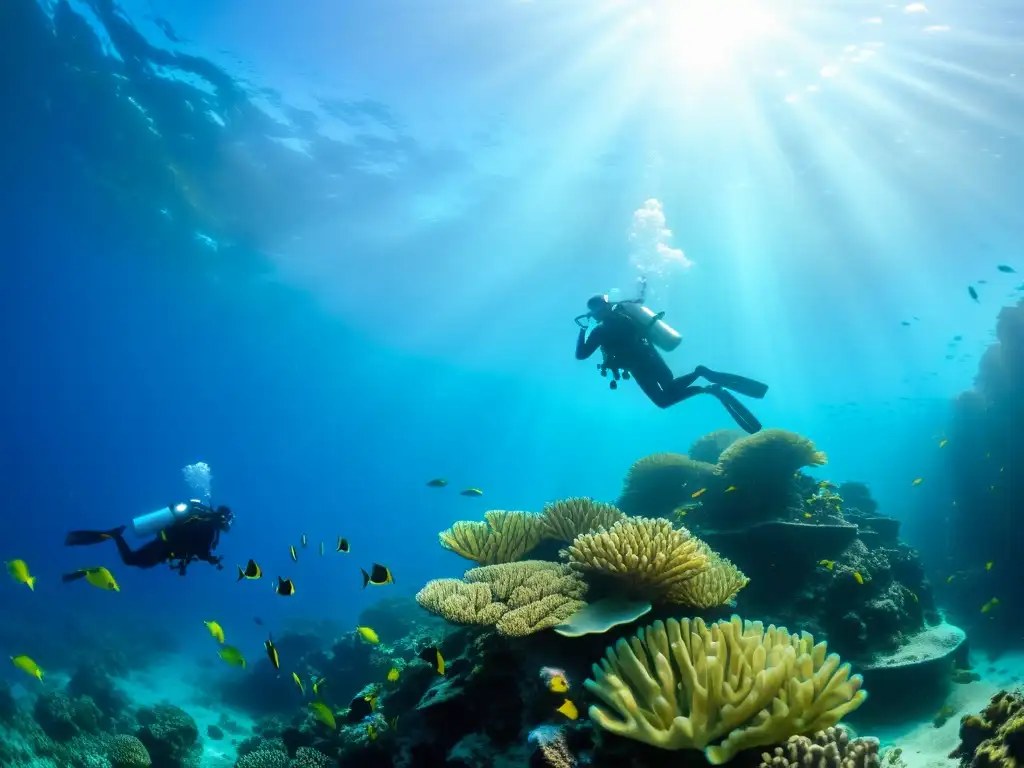 Un grupo de buzos explorando un arrecife de coral, rodeados de peces coloridos mientras se deslizan con gracia con las corrientes oceánicas