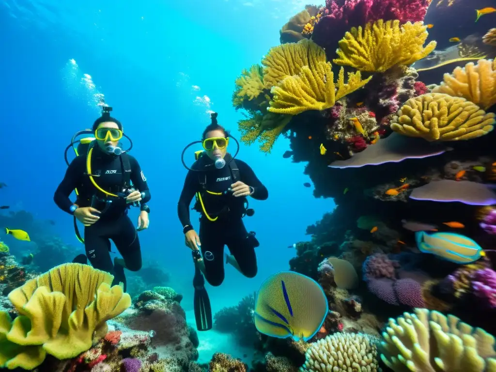 Un grupo de buzos explora un arrecife de coral con monitores de salud para buceadores, fusionando tecnología avanzada y belleza natural