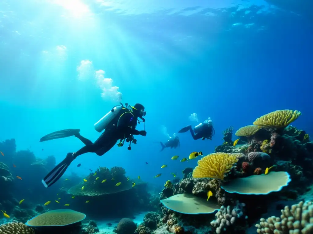 Grupo de buzos explorando un arrecife de coral, rodeados de vida marina colorida y equipados con preparación física para buceo profundo