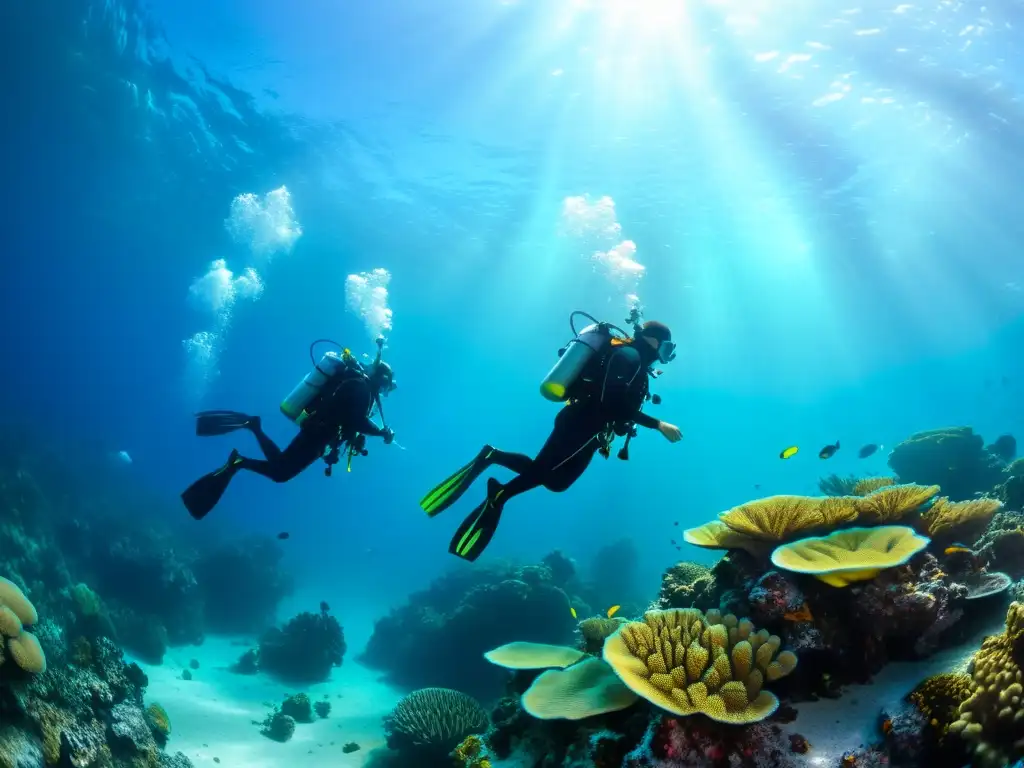 Grupo de buzos descendiendo en arrecife de coral, mostrando profesionalismo y preparación en protocolos de actuación accidentes buceo