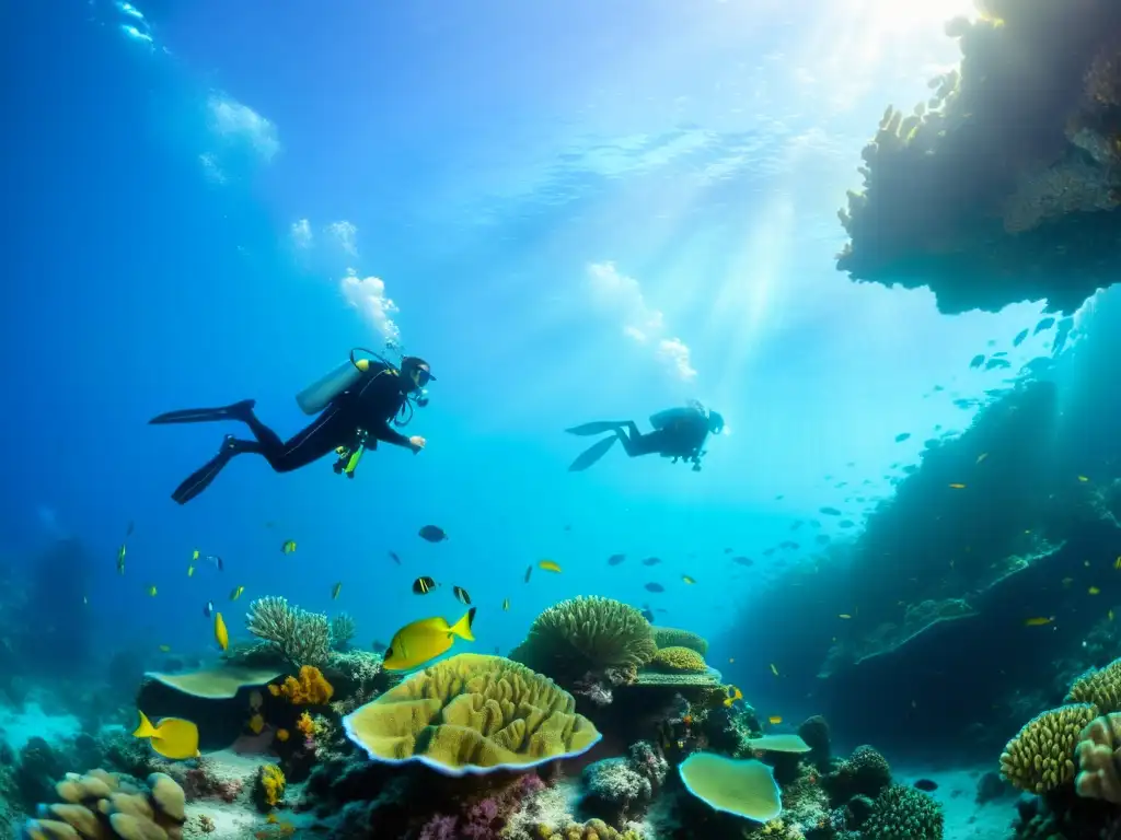 Grupo de buzos explorando un arrecife de coral vibrante, rodeados de vida marina colorida