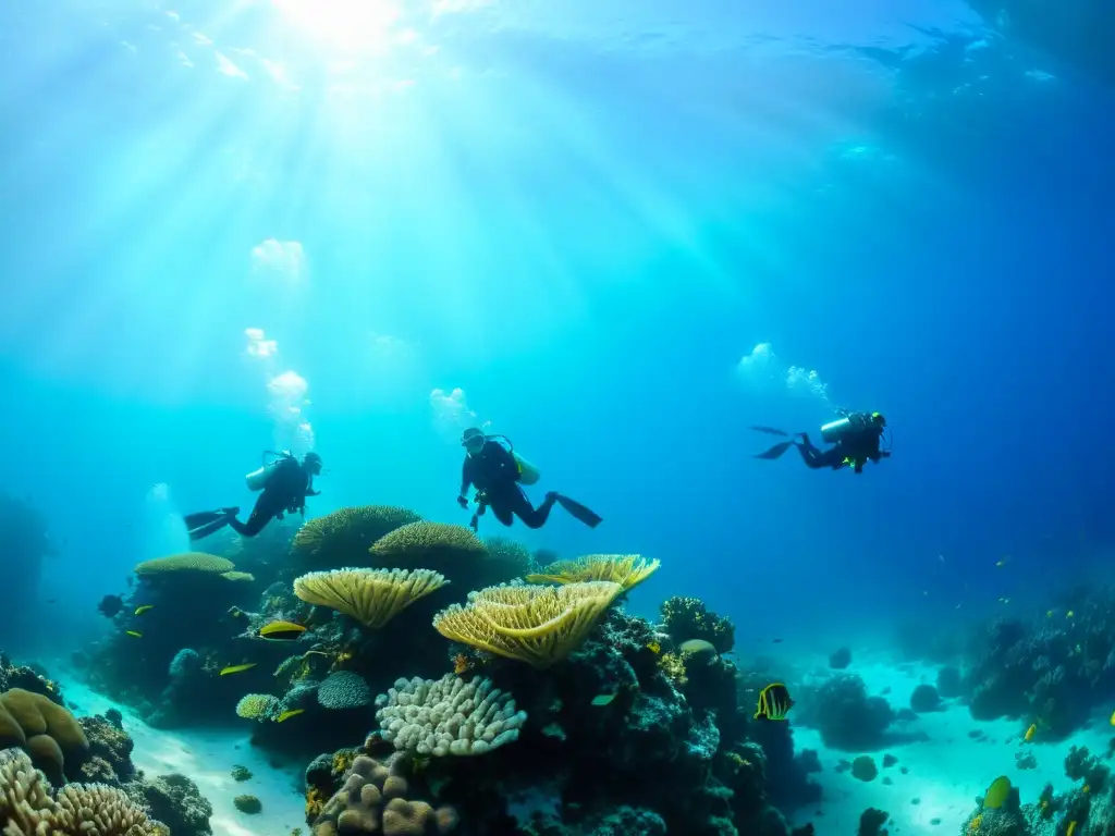 Grupo de buzos explorando un arrecife de coral vibrante, simbolizando la fuerza y habilidad del entrenamiento cruzado buceo oceánico