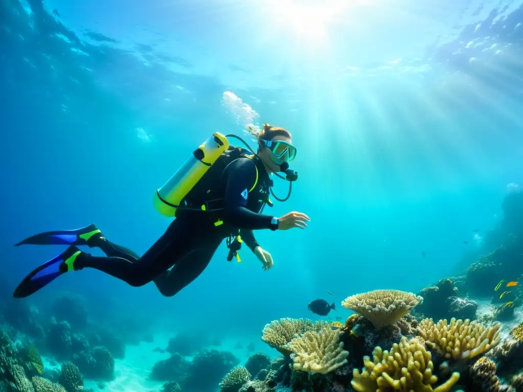 Grupo de buzos explorando un arrecife de coral con las mejores bolsas y mochilas de buceo, en aguas turquesas cristalinas