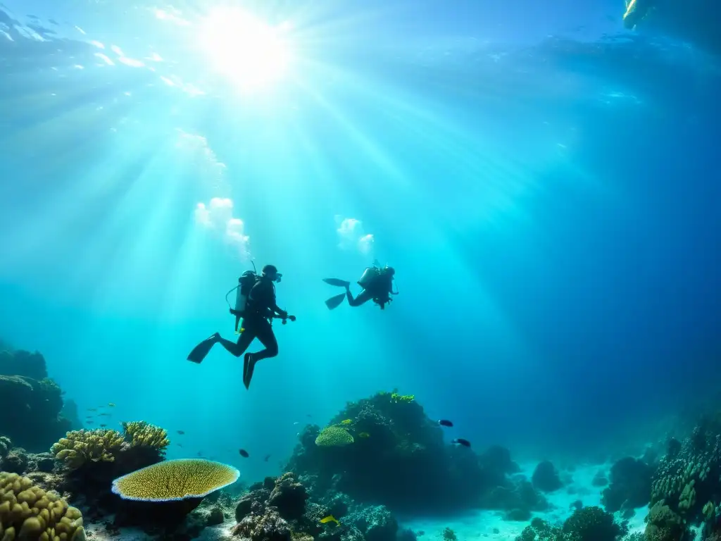 Grupo de buzos disfrutando un entrenamiento cardiovascular para buceo en aguas cristalinas, rodeados de vida marina y coral vibrante