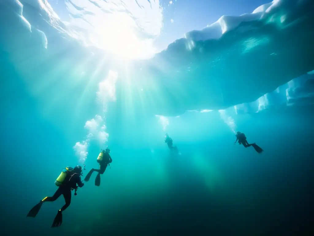 Grupo de buzos en equipo de buceo en agua glacial rodeados de formaciones de hielo, en un paisaje submarino impresionante