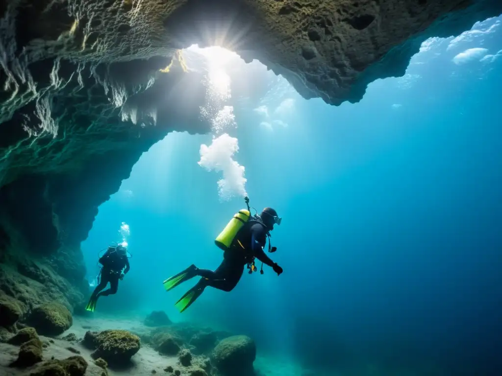 Grupo de buzos en equipos de buceo para expediciones polares explorando una cueva de hielo submarina, con burbujas y luces submarinas