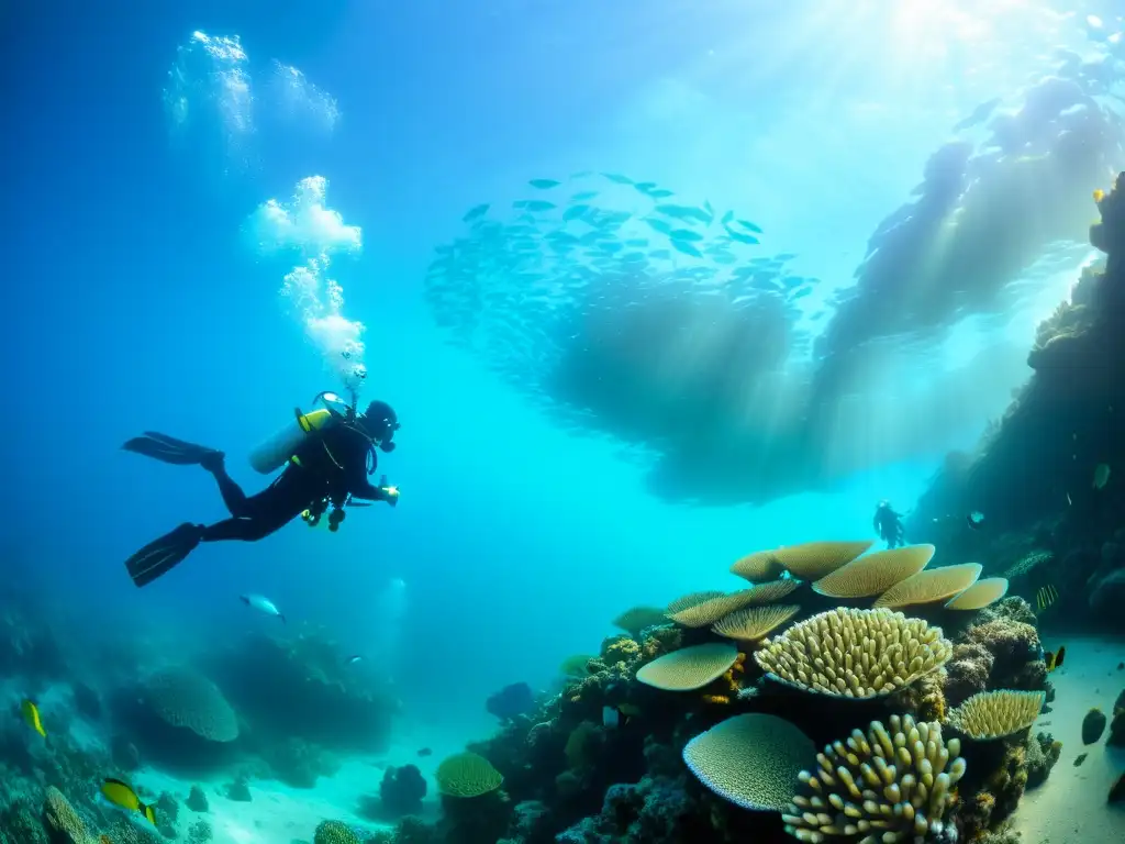 Un grupo de buzos con equipos de tecnología navega entre peces y corales en una misión de salvamento marino