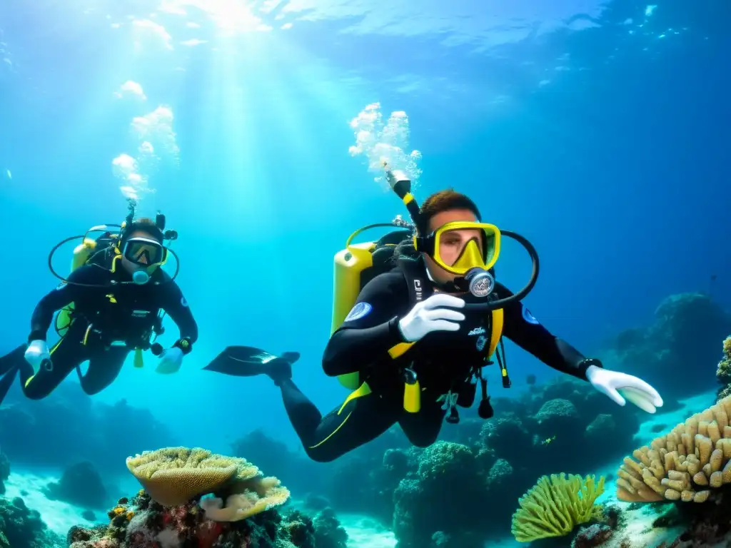 Un grupo de buzos en el mar, con sistemas de flotación inteligente, explorando el fascinante mundo submarino con armonía y precisión