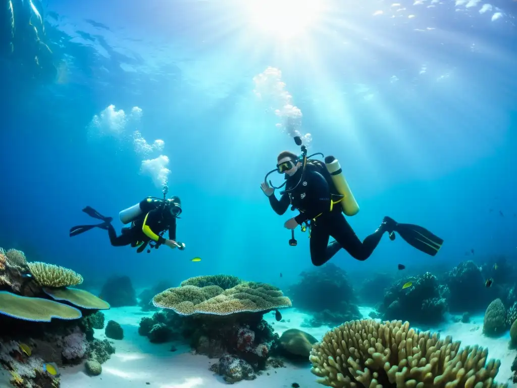 Un grupo de buzos profesionales realizan un chequeo médico antes de sumergirse en un arrecife de coral vibrante