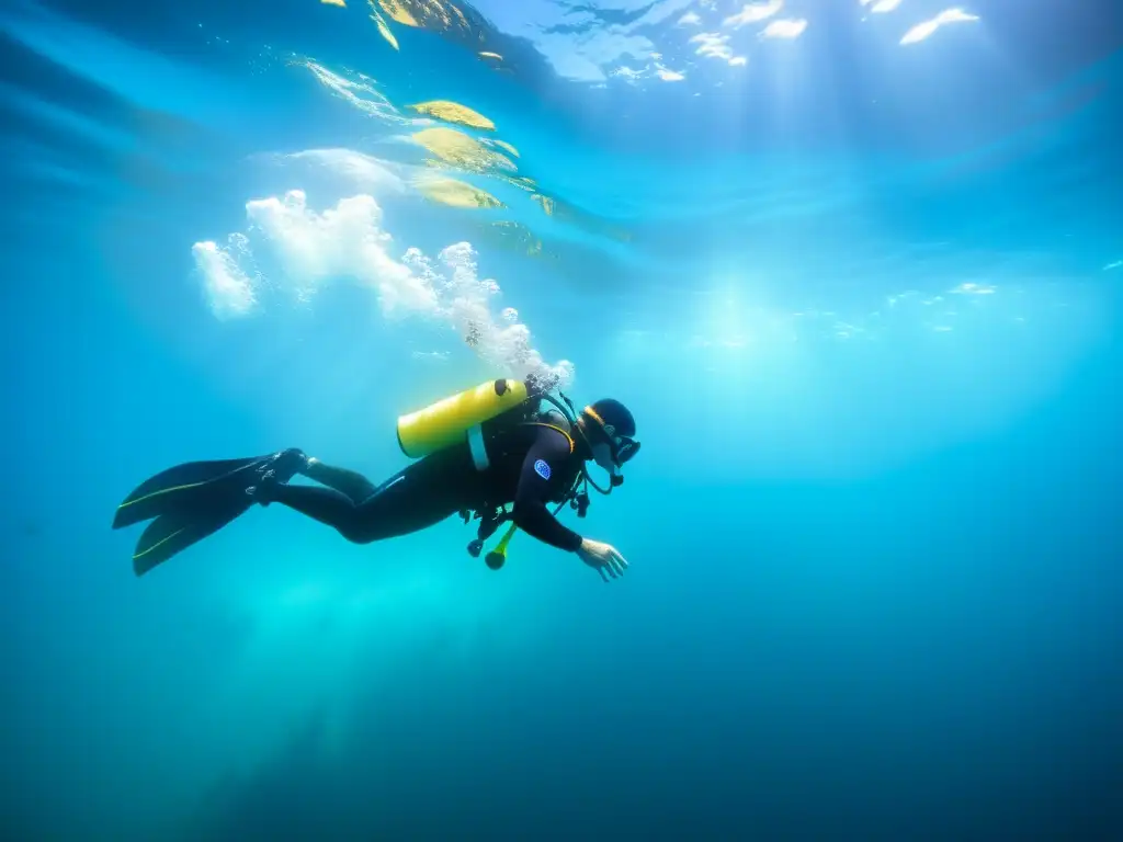 Un grupo de buzos profesionales equipados con sistemas de flotación inteligente explorando un vibrante mundo submarino