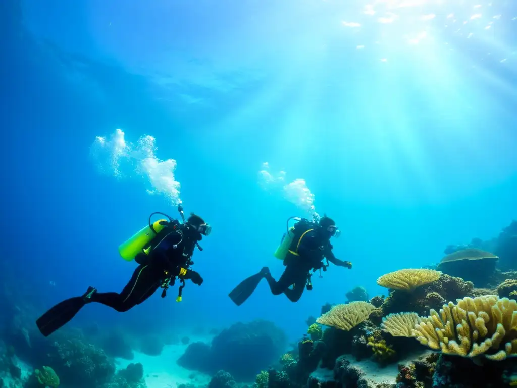 Un grupo de buzos de rescate certificados en vida marina realizando entrenamiento bajo el agua, rodeados de arrecifes de coral vibrantes y vida marina