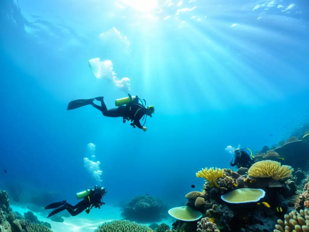 Un grupo de buzos con sistemas de flotación inteligente exploran un vibrante arrecife de coral bajo el agua