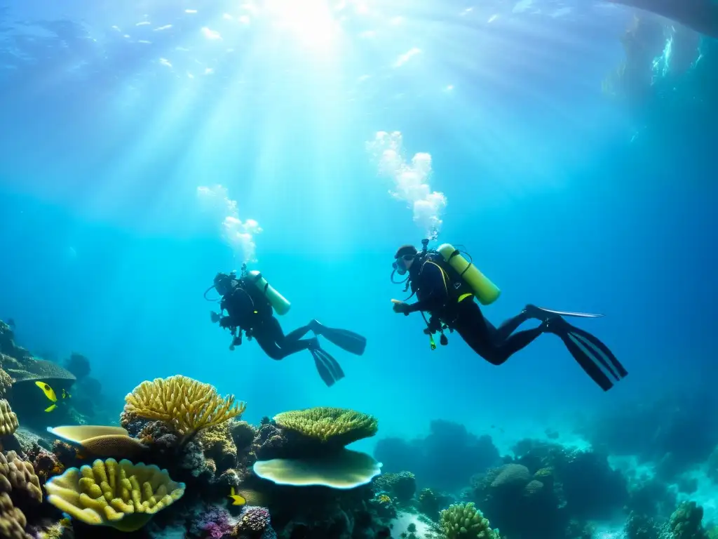 Un grupo de buzos con sistemas de propulsión personal exploran libremente un arrecife de coral, bajo el sol filtrado en el agua