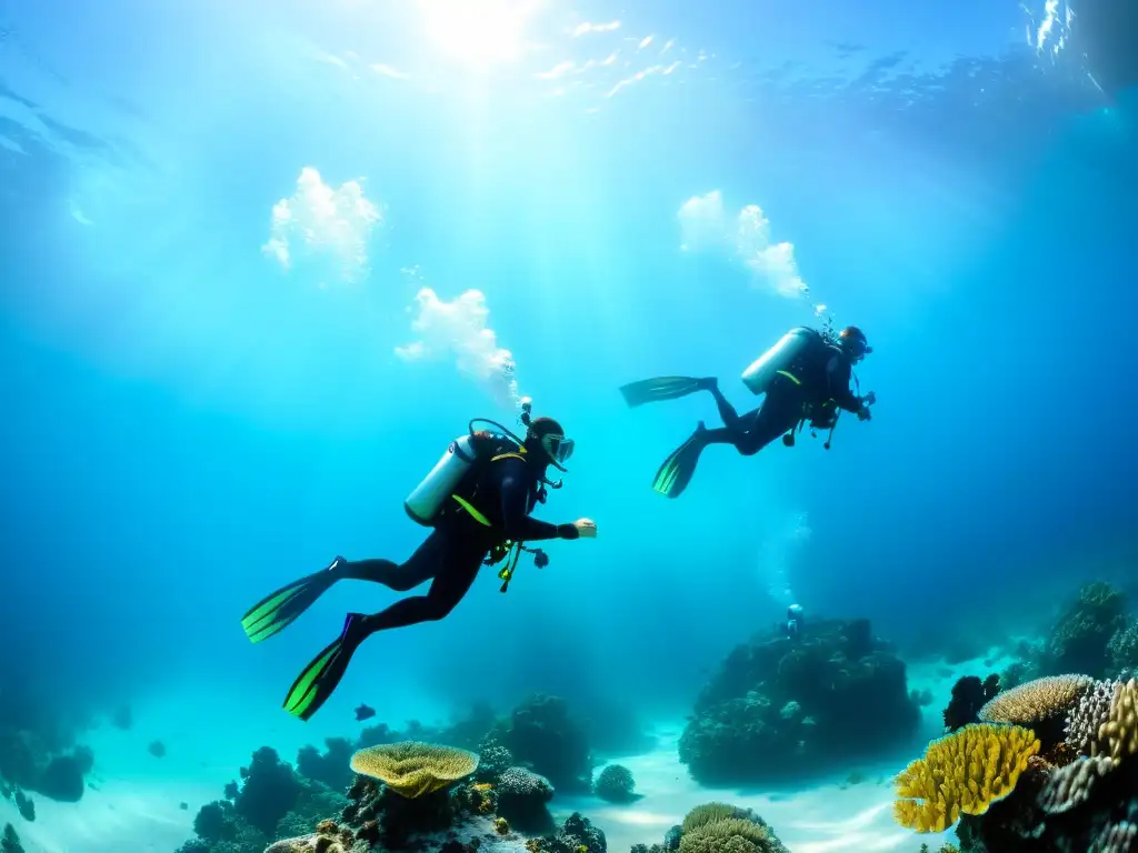 Grupo de buzos con sistemas de propulsión personal explorando un arrecife de coral en aguas cristalinas, evocando aventura submarina