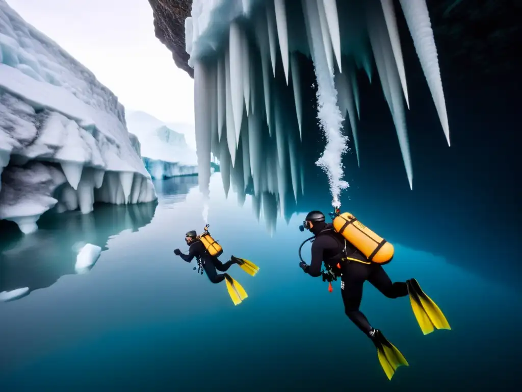 Un grupo de buzos en trajes de buceo aguas extremadamente frías exploran un mundo helado y surrealista bajo el agua en un fiordo ártico