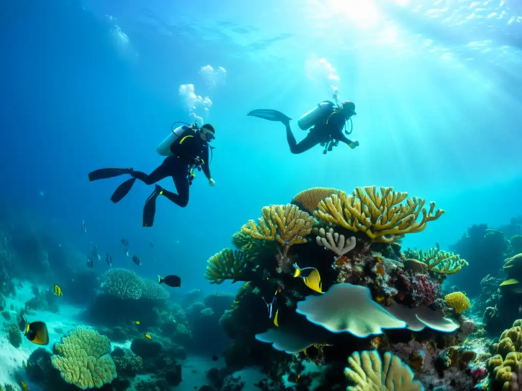 Grupo de buzos explorando un vibrante arrecife de coral