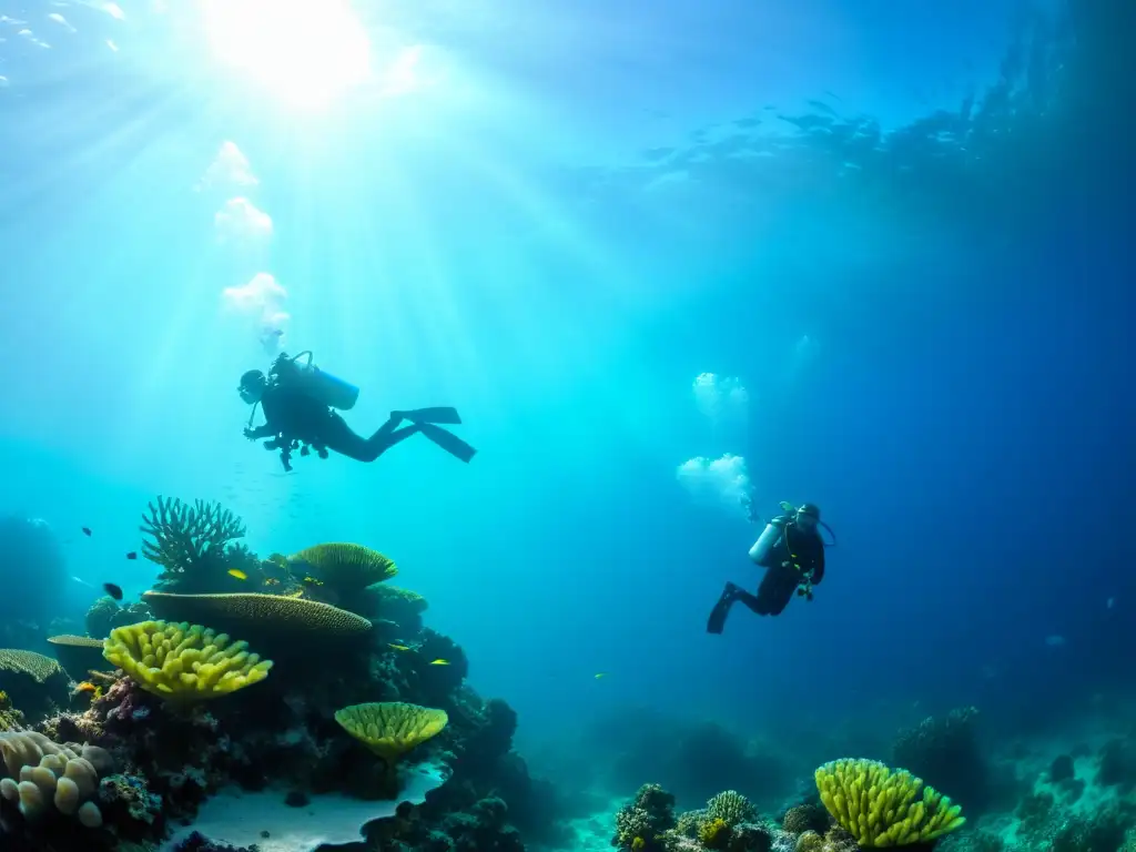 Un grupo de buzos explorando un vibrante arrecife de coral bajo el agua, exudando asombro y preparación para la certificación buceo altamar