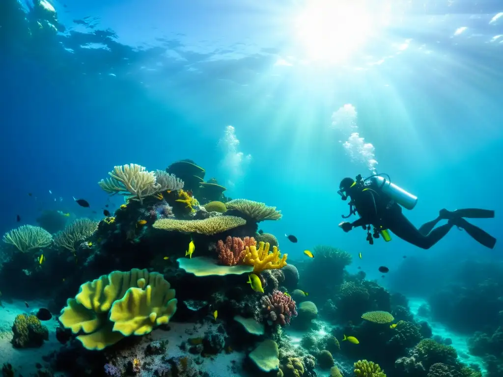 Un grupo de buzos explora un vibrante arrecife de coral con intercomunicadores de buceo avanzados, mientras la luz solar ilumina la escena submarina