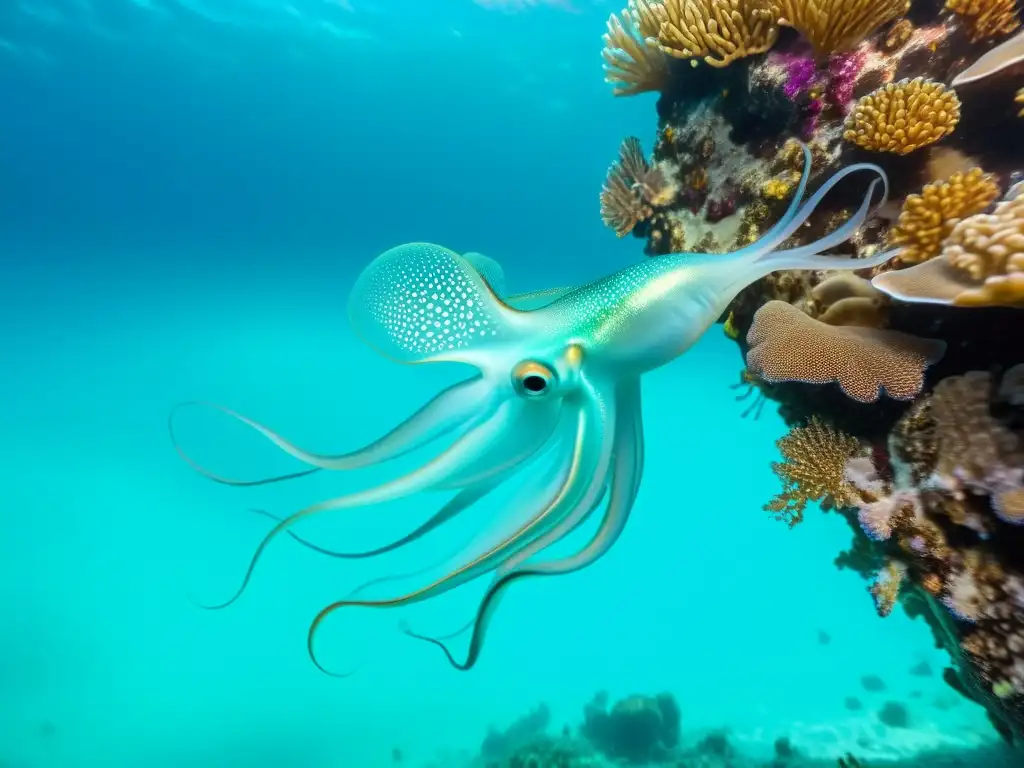 Un grupo de cefalópodos de colores vibrantes en patrones migratorios, danzando en las aguas cristalinas de un arrecife de coral