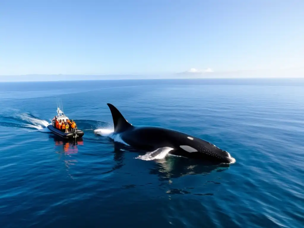 Un grupo de científicos en un barco de investigación rodeado de aguas tranquilas, mientras estudian la importancia de los cetáceos en investigación