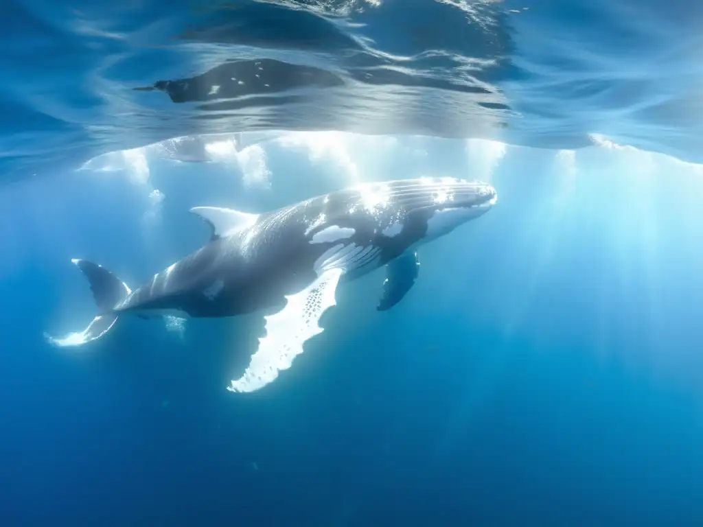 Grupo de científicos marinos aficionados nadando junto a ballena jorobada en aguas cristalinas, capturando datos y contribuyendo a la ciencia marina