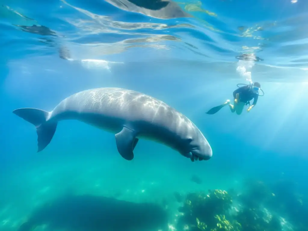 Un grupo de científicos y voluntarios liberan con cuidado manatíes rehabilitados en una laguna tranquila, simbolizando el éxito del Proyecto de Rescate del Manatí