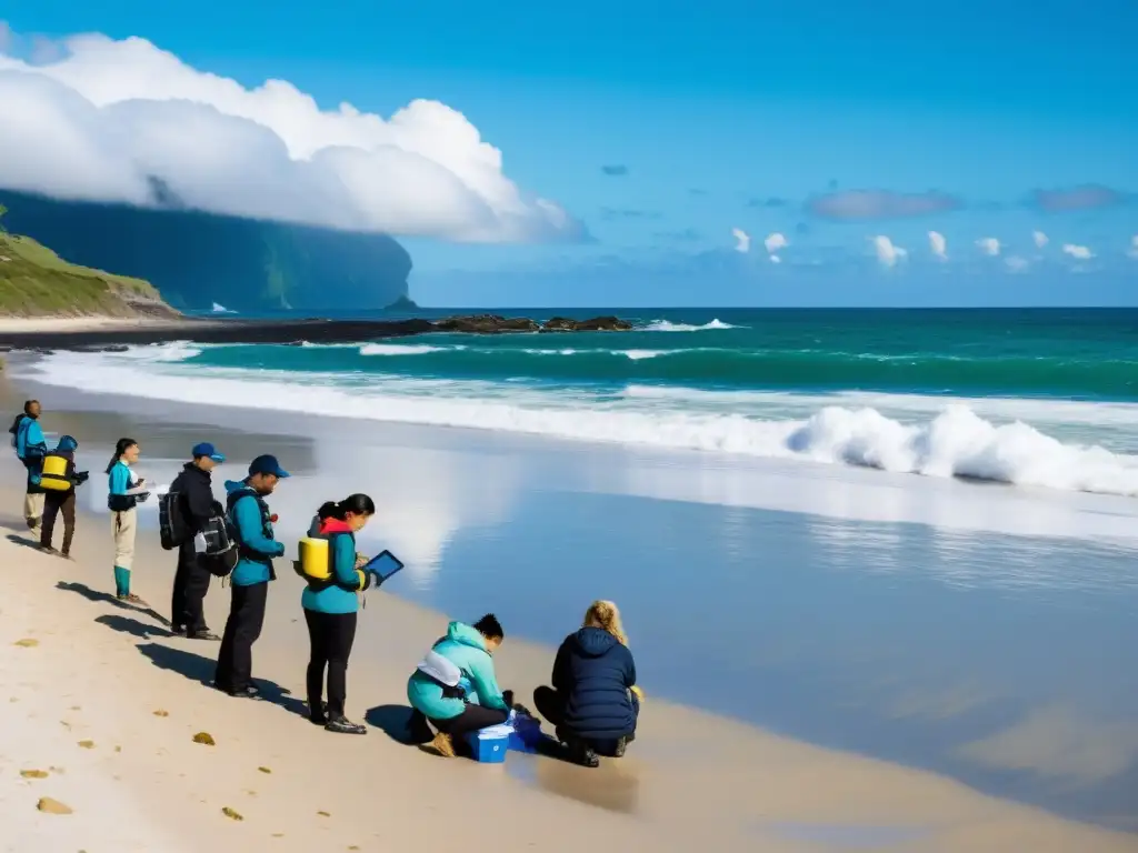 Grupo de científicos y voluntarios colaborando en la playa, realizando observaciones y recolectando datos sobre la vida marina