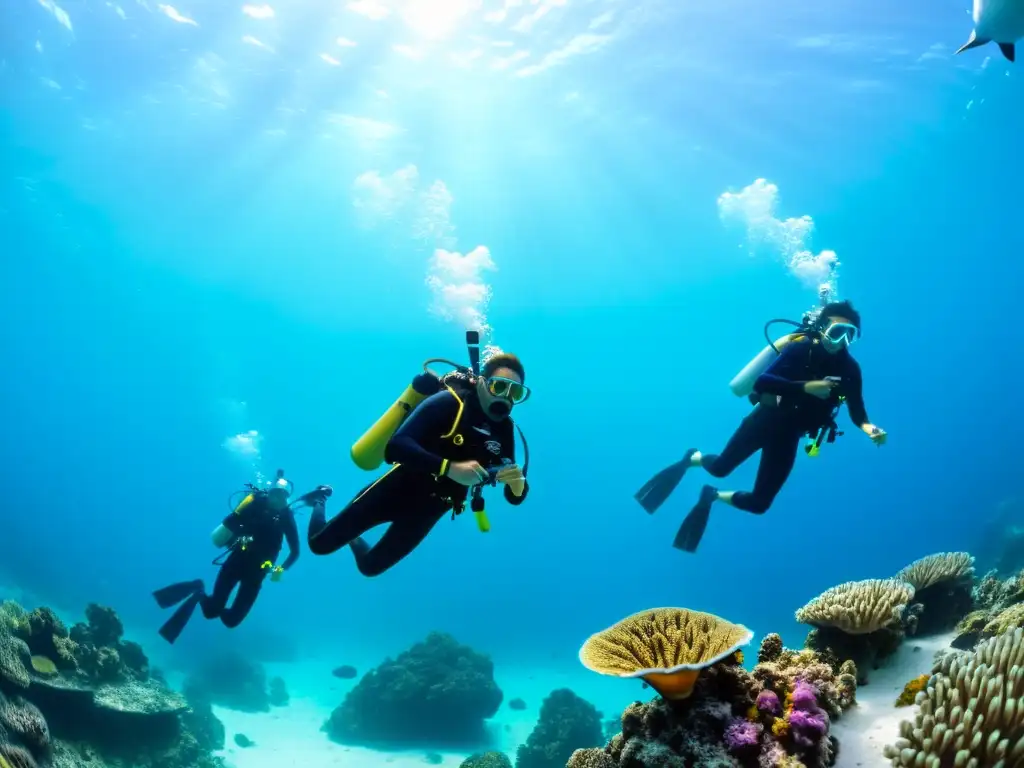 Un grupo de cineastas con equipos de buceo y cámaras filman en un vibrante arrecife de coral, rodeados de peces tropicales en aguas turquesas