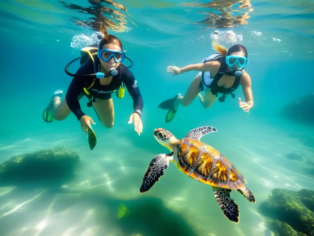 Un grupo de conservacionistas marinos en acción liberando crías de tortugas marinas al océano, con un arrecife de coral en el fondo