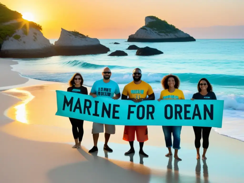 Un grupo de defensores apasionados del mar en una playa prístina, sosteniendo carteles coloridos con mensajes poderosos, con el sol poniéndose detrás