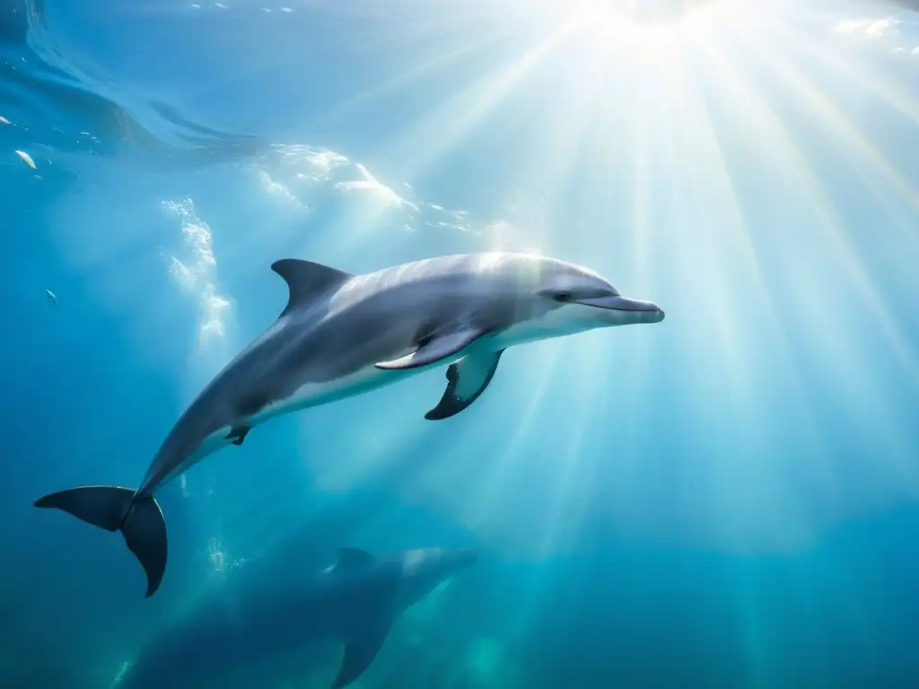 Un grupo de delfines nada grácilmente en aguas cristalinas, iluminados por el sol