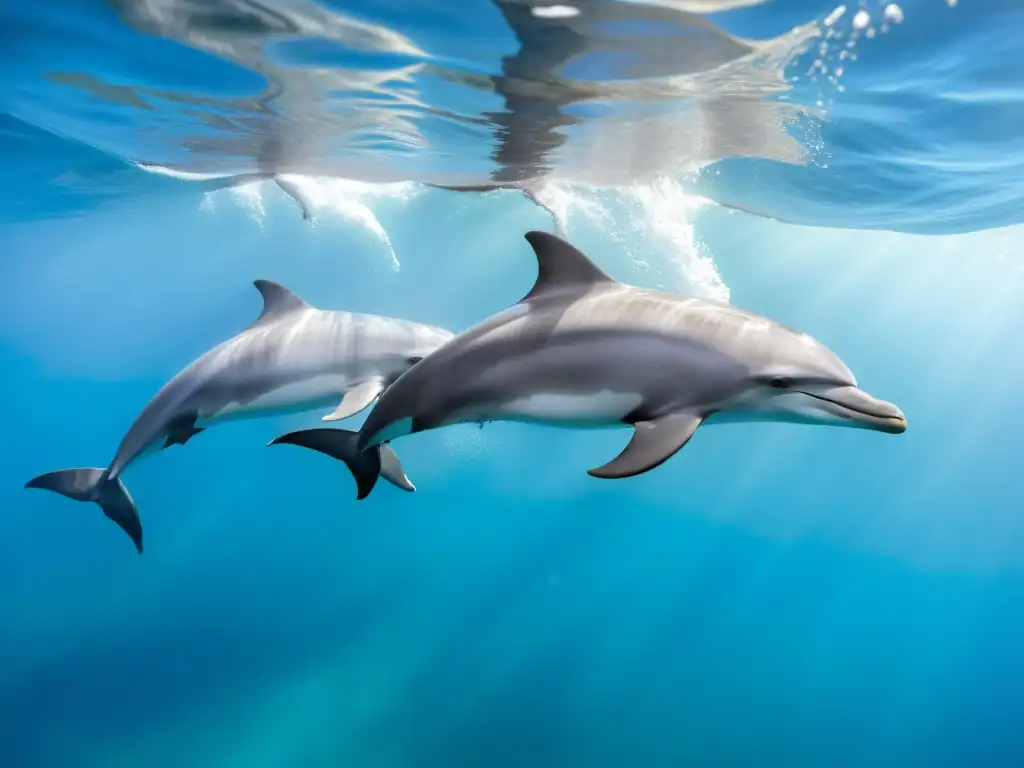 Un grupo de delfines nadando graciosamente en aguas cristalinas, capturando la protección y entretenimiento natural