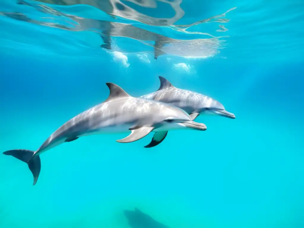 Un grupo de delfines juega entre sí mientras nadan en aguas cristalinas